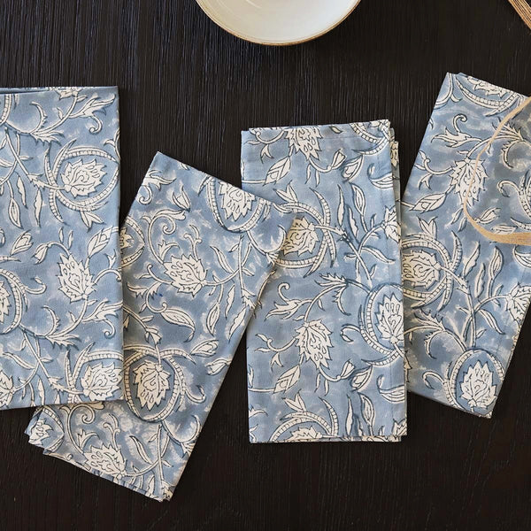 Blue all over block printed set of 4 napkins
