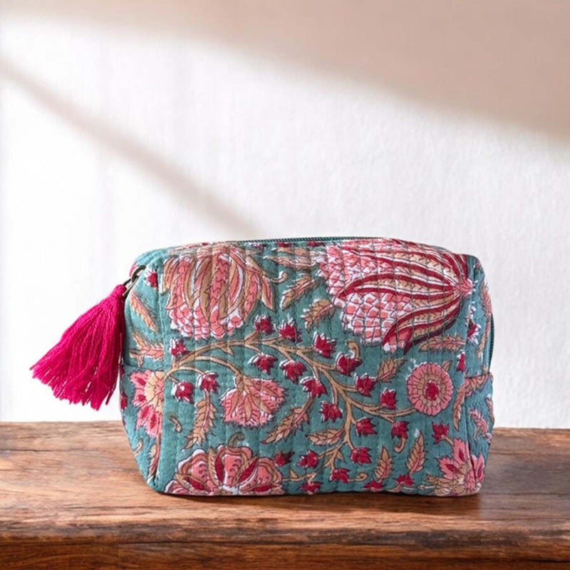 Green floral cosmetic bag