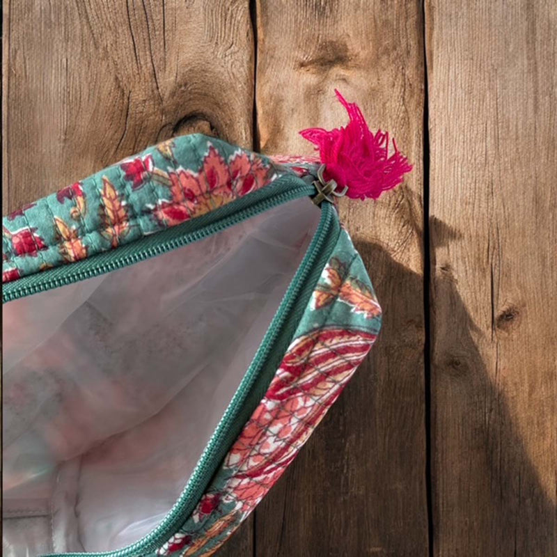 Green floral cosmetic bag