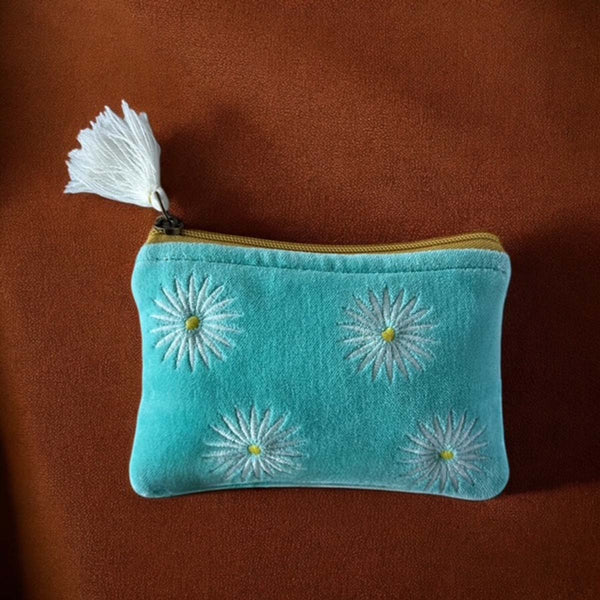 Daisy sky blue velvet pouch