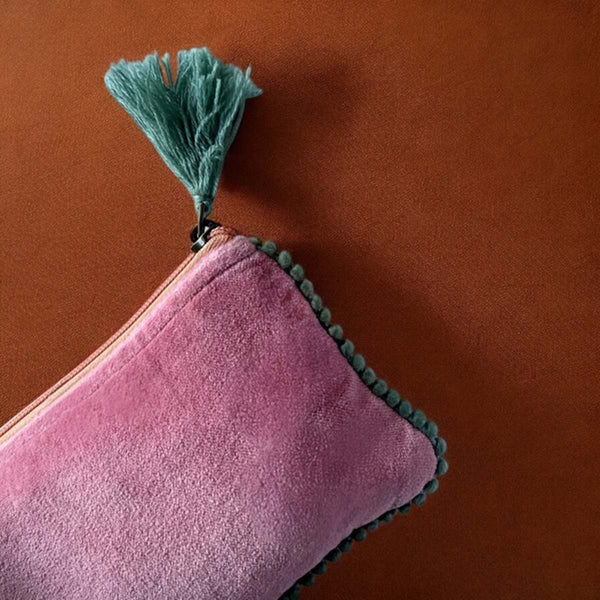 Pink/green trim velvet pouch