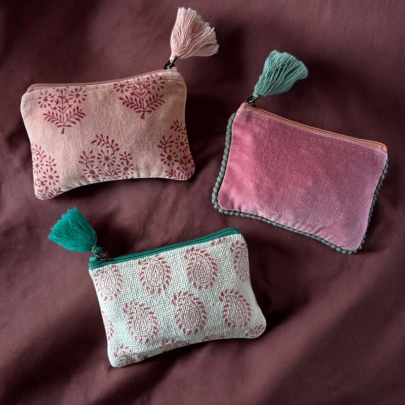 Pink/green trim velvet pouch