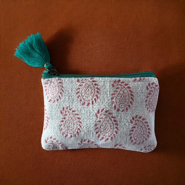 Green tassel paisley cotton pouch