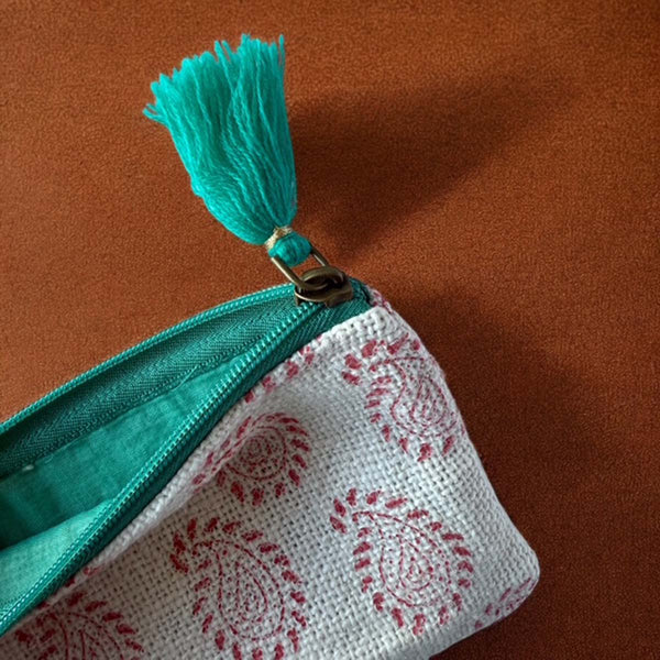 Green tassel paisley cotton pouch