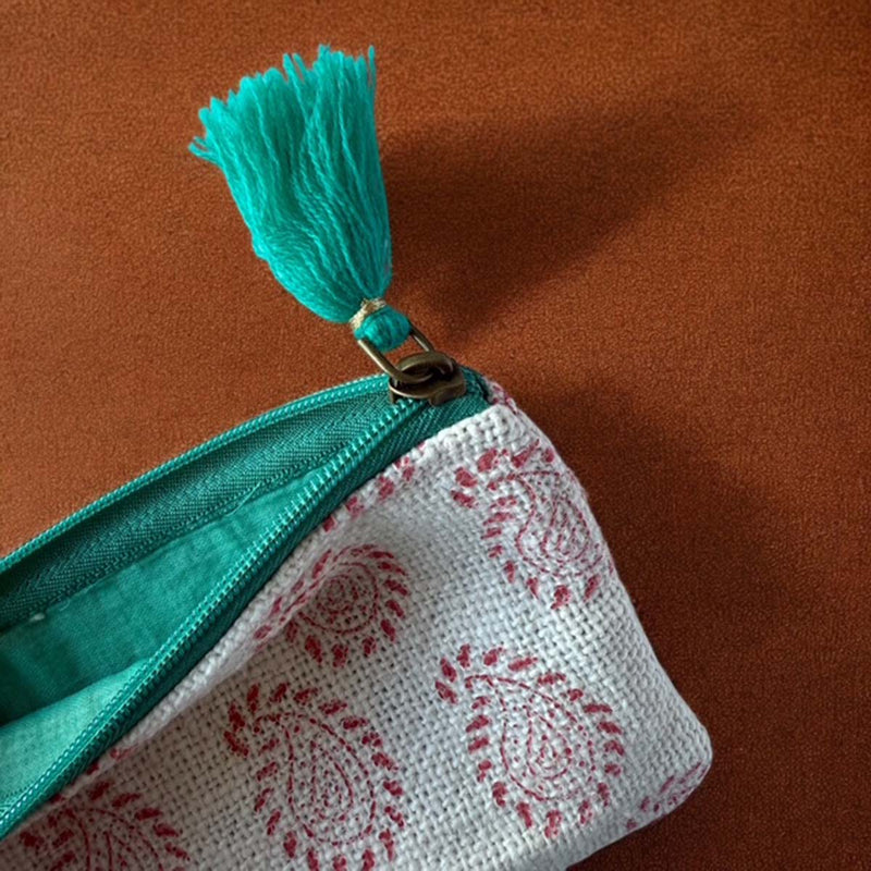Green tassel paisley cotton pouch