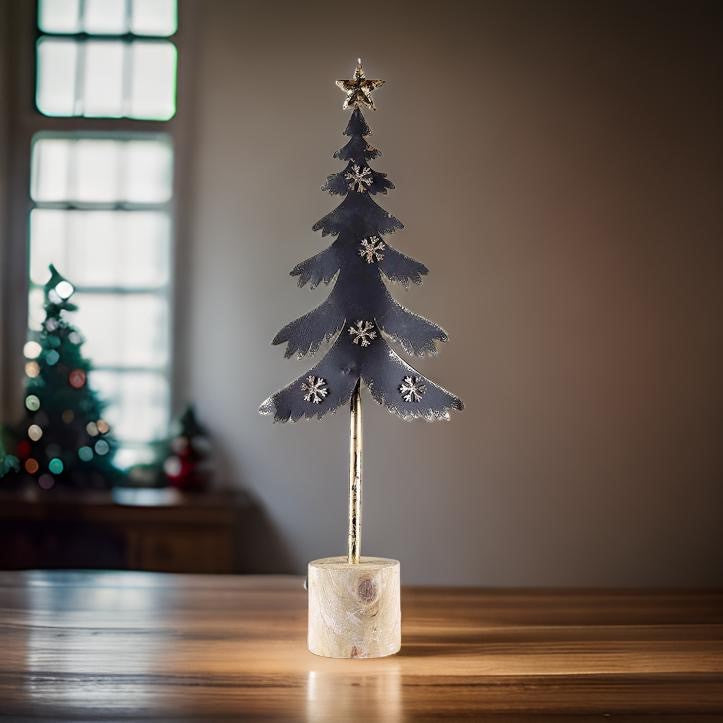 METAL TREE ON WOODEN STUMP - CHARCOAL