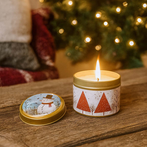 snow man xmas scented tin candle