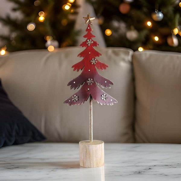 METAL TREE ON WOODEN STUMP - RED