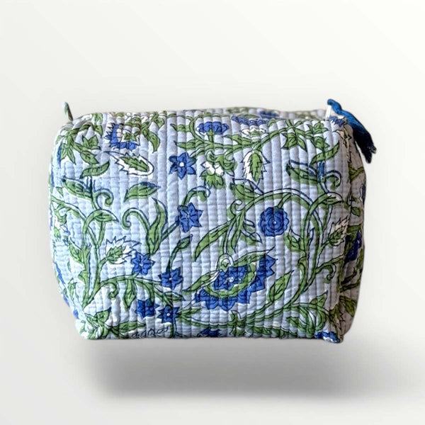 blue/grn & white  flower large cosmetic bag