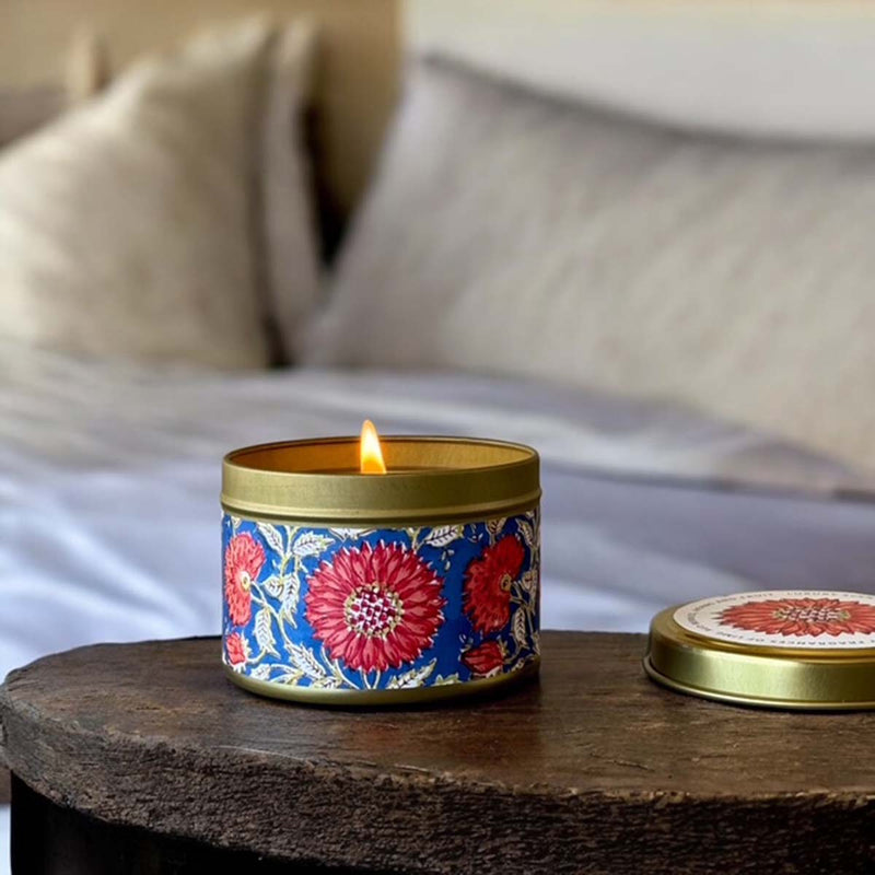 blue & red flower scented candle tin