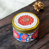 blue & red flower scented candle tin