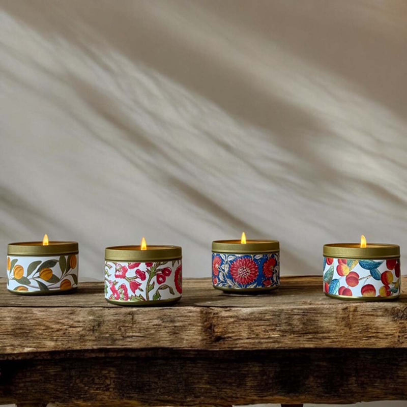 blue & red flower scented candle tin
