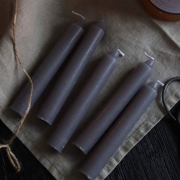 Set 5  lt grey  small dinner candles wrapped 12.5cm