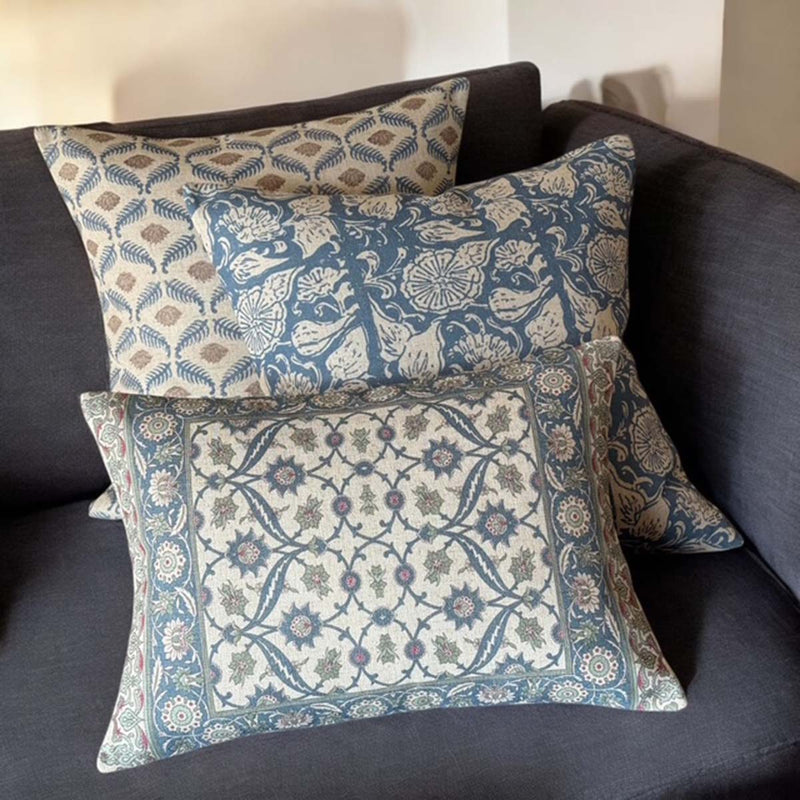 Feather dark blue & linen cushion