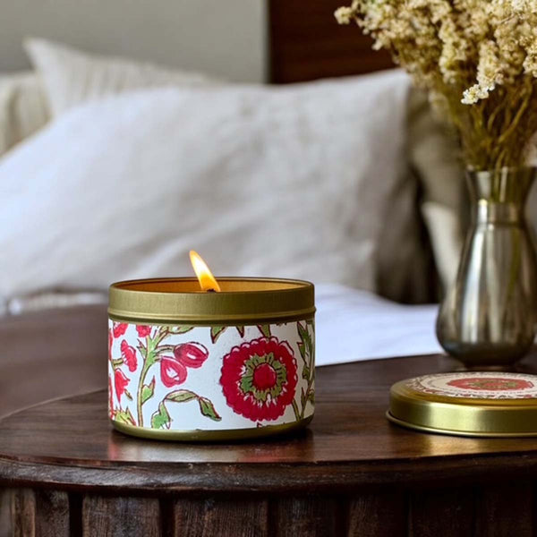 red & green floral scented candle tin
