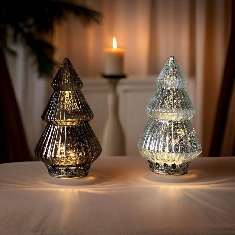 SILVER LIGHT UP GLASS CHRISTMAS TREE 22cm