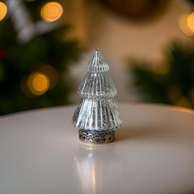 SILVER LIGHT UP GLASS CHRISTMAS TREE 14cm