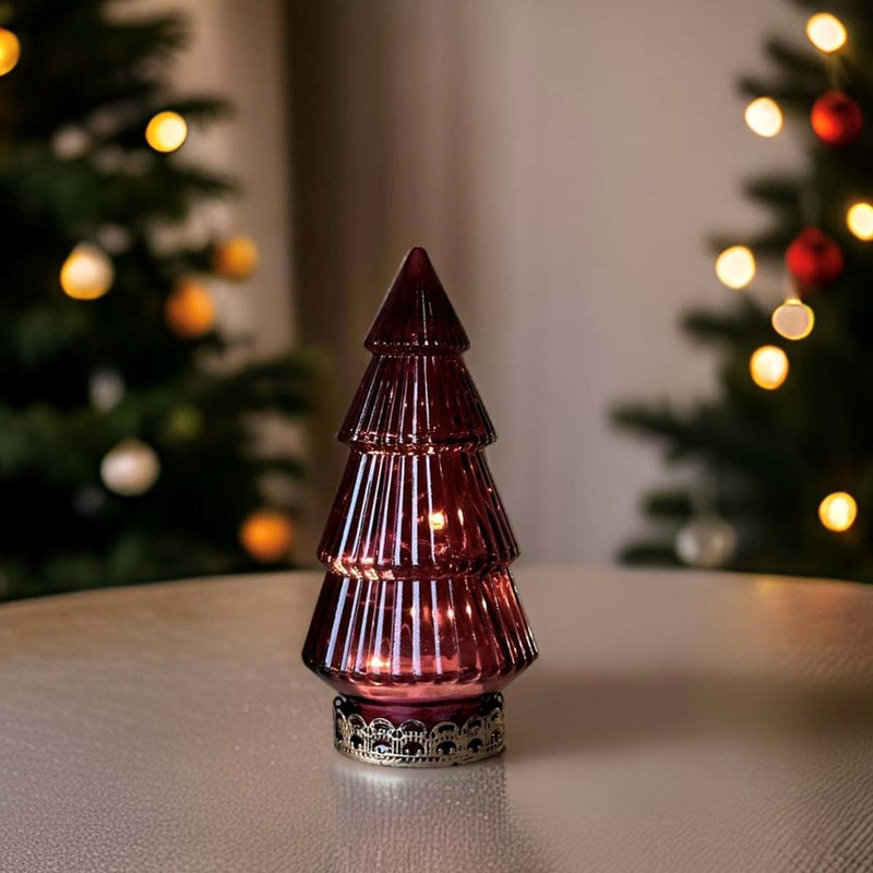 RED LIGHT UP GLASS CHRISTMAS TREE 16cm