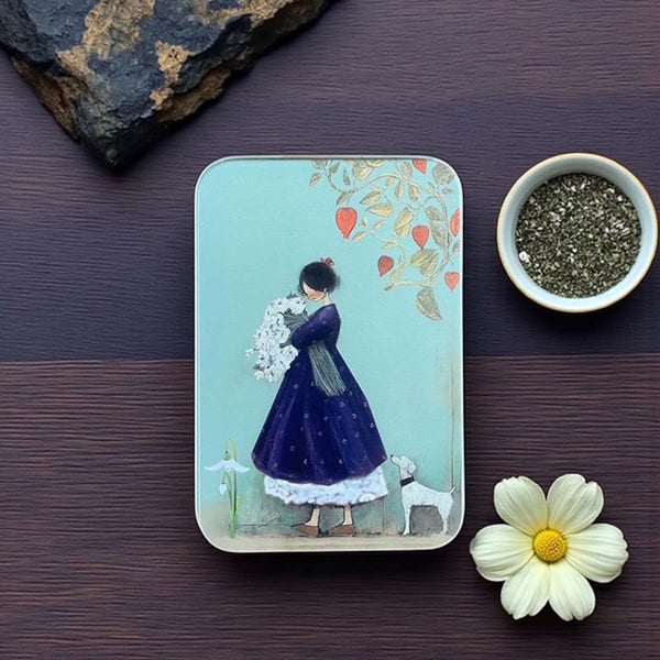 lady blue dress/ bouquet soap tin