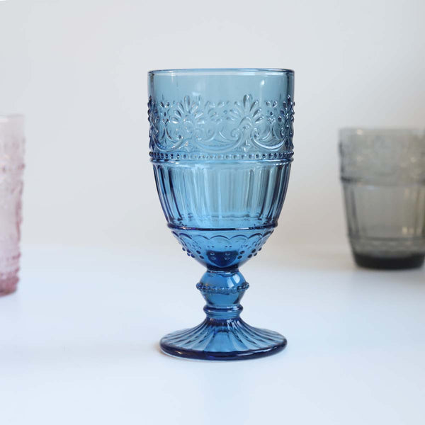 Large Blue Pressed Wine Glass- Set of 2
