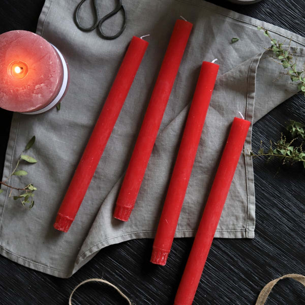 deep red  set 4 rustic dinner candle 27cm (W)