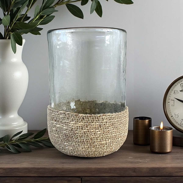 JUTE /BATTERED RECYCLED GLASS HURRICANE