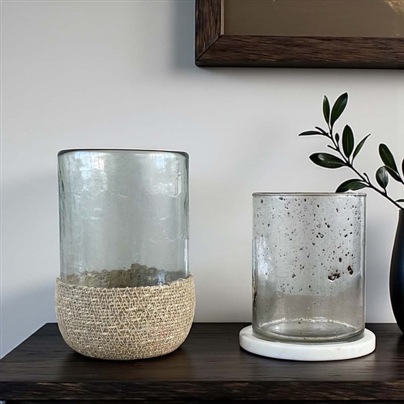 JUTE /BATTERED RECYCLED GLASS HURRICANE