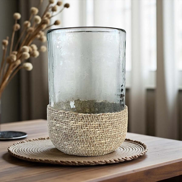 JUTE /BATTERED RECYCLED GLASS HURRICANE