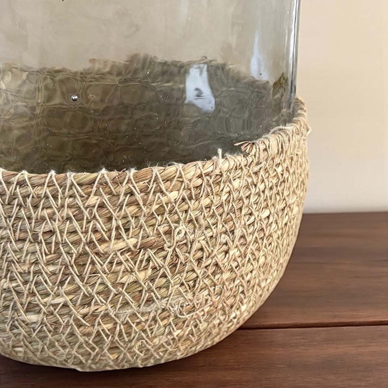 JUTE /BATTERED RECYCLED GLASS HURRICANE