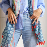 blue block floral red tassel scarf