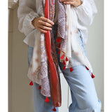 sunshine red border tassel scarf