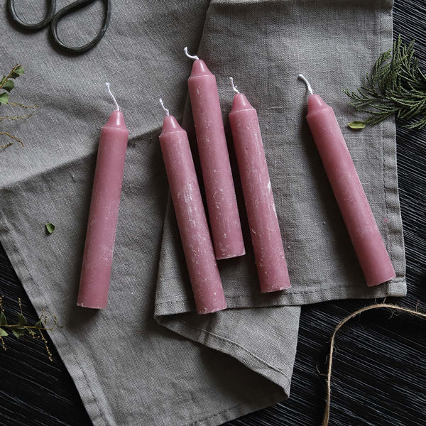 set 5  dusty pink small dinner candles wrapped 12.5cm