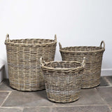 Generously sized these round antique washed willow  kubu baskets will sit neatly next to your sofa or bed for blankets and throws. They're also great for storing away children's toys and bit and bobs.