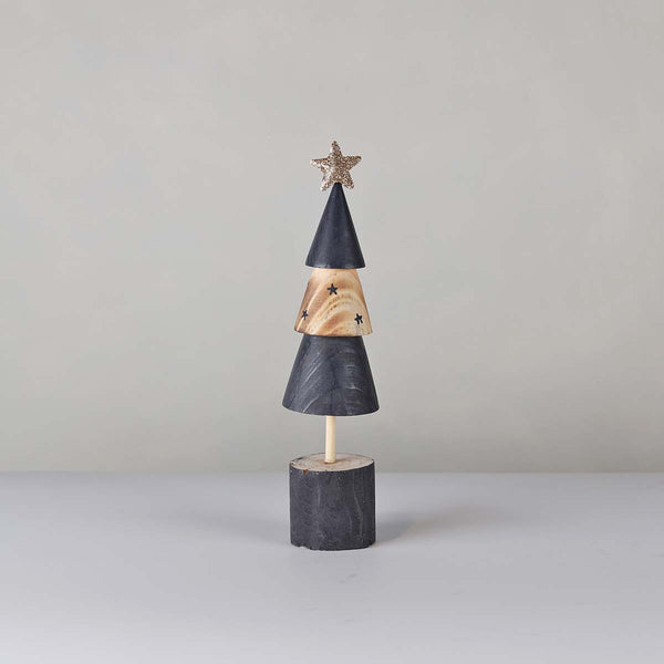 This lovely tiered wooden christmas tree in a matt black and wood with stars will look great on a fire place,window sill or shelf this festive season