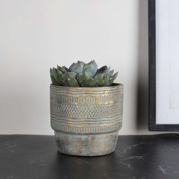 This rustic planter in a warm antique gold will make a statement in any home, use to hold bits and bobs or pop in a plant, choose from our range and have a selection together.


