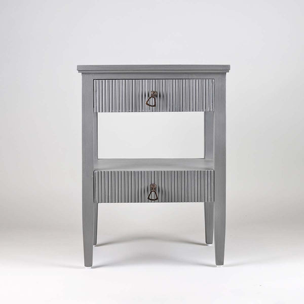 Natural mango wood bedside table, with a shelf and 2 drawers,this is great storage for all your bedroom essentials.fluted panel detailing on the front of the drawers.