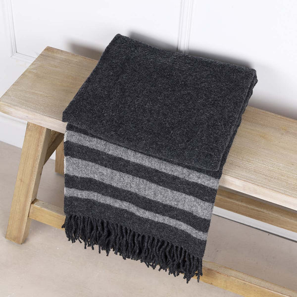 ANNA PURE WOOL STRIPED THROW - DARK GREY/OFF WHITE
