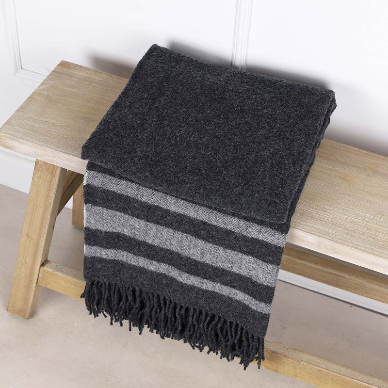 ANNA PURE WOOL STRIPED THROW - DARK GREY/OFF WHITE