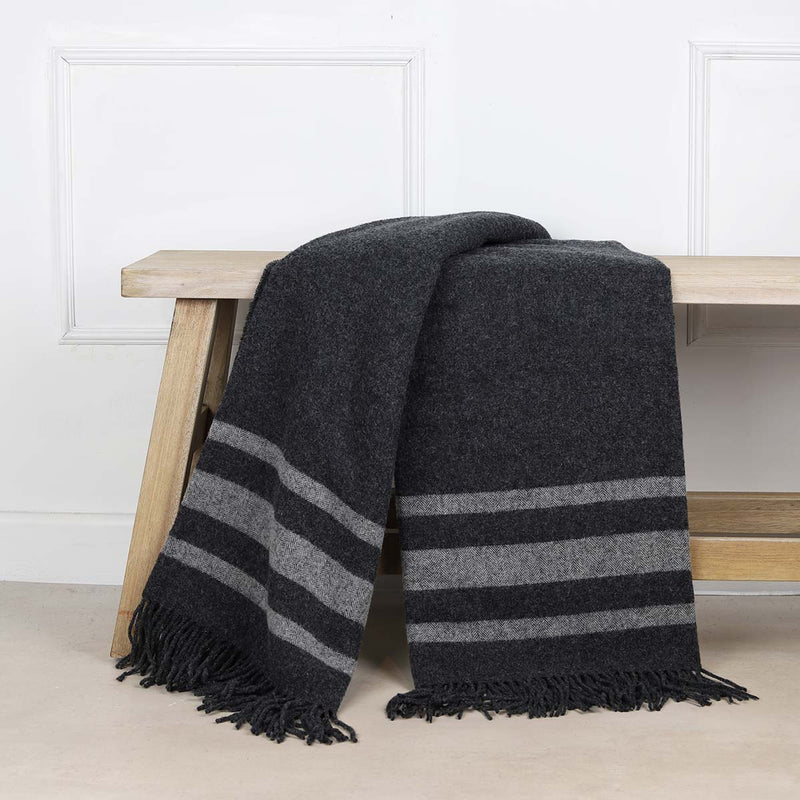 ANNA PURE WOOL STRIPED THROW - DARK GREY/OFF WHITE