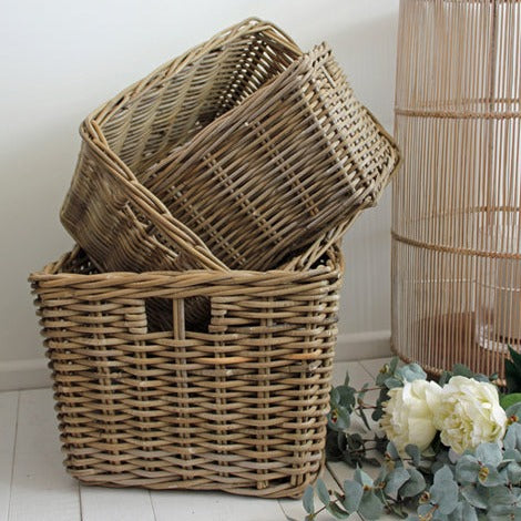  Generously sized these antiques washed kubu baskets will sit neatly next to your sofa or bed for blankets and throws. They're also great for storing away children's toys and bit and bobs.