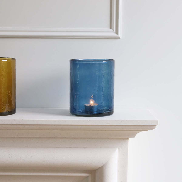 <p>Handmade by artisans in India<p>

<P>Create a warm, relaxing glow by lighting a candle in this handmade hurricane, coloured glass with a rippled textured exterior. Mix and match colours and sizes for a real statement. <P>


