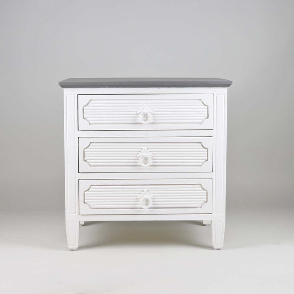Natural mango wood 3 drawer chest, this is great storage for all your bedroom essentials.fluted panel detailing on the front of the drawers.