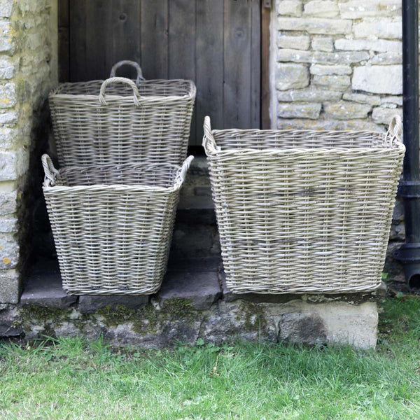 Generously sized these square antique washed willow kubu baskets will sit neatly next to your sofa or bed for blankets and throws. They're also great for storing away children's toys and bit and bobs.